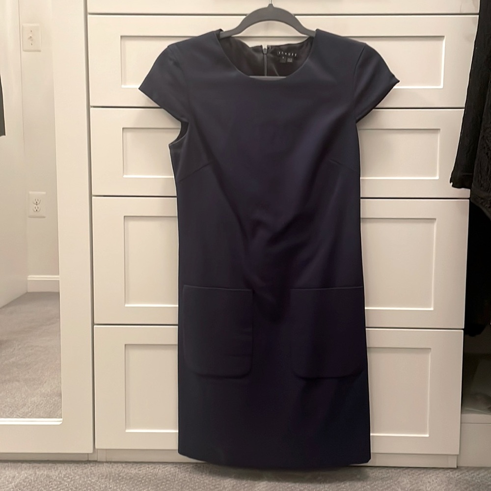 Navy Blue Theory Cap Sleeve Sheath Dress